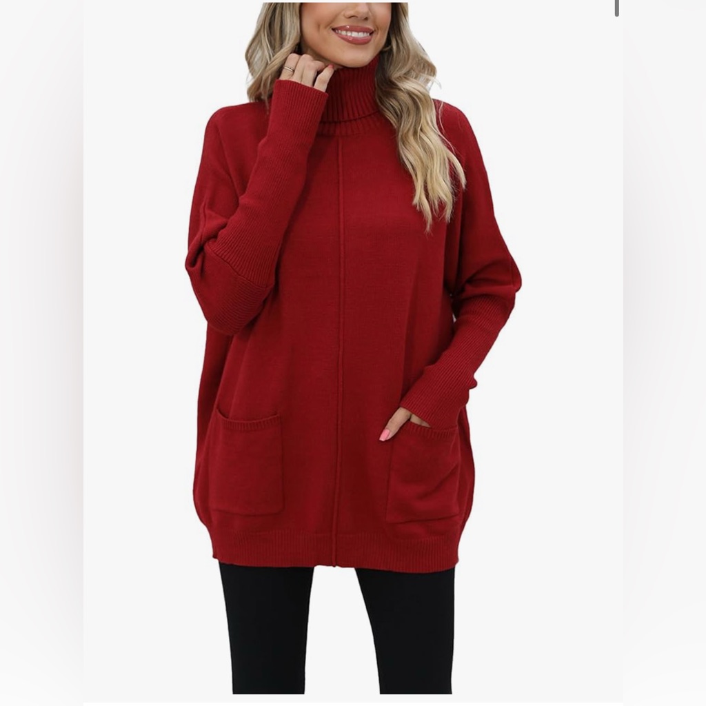 New Red Wine Thick Warm L Winter Batwing Sleeve Turtleneck Sweater Pockets S